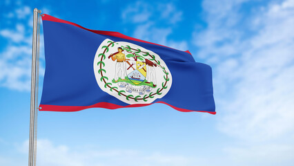 Belize flag in the blue sky.Belize 3d flag floating in the wind with a blue sky in the background