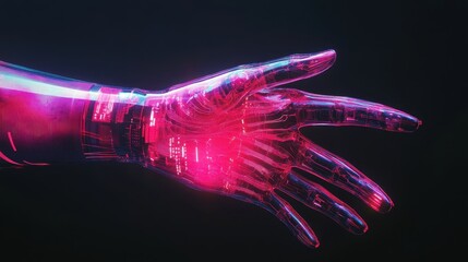 Human hand sliced, revealing both organic muscles and AI wiring, cybernetic, neon glow, high-tech textures, dark background.
