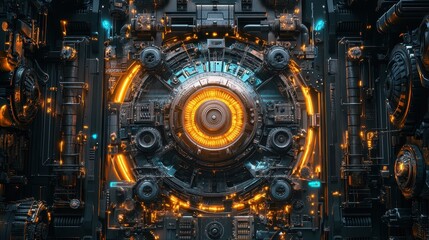 Cross-section of a mechanical clock, revealing intricate patterns of gears and circuits, steampunk, metallic and neon lighting, 3D render.