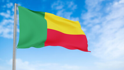 Benin flag in the blue sky.Benin 3d flag floating in the wind with a blue sky in the background