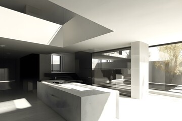 Modern Minimalist Kitchen Interior Design with Large Windows and Natural Light