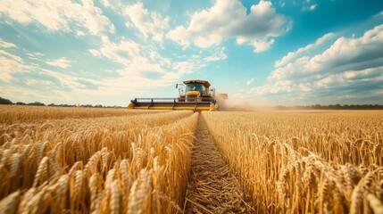 Obraz premium Combine harvester in wheat field under clear sky.