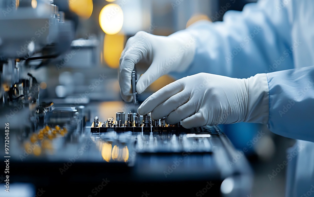 Poster precision work: close up of factory worker assembling delicate components with utmost care