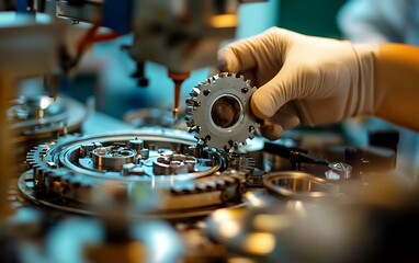 Naklejka premium Precise Factory Worker Assembling Delicate Components in Close Up View