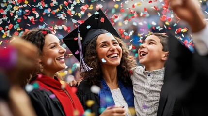 Fototapeta premium A family throwing confetti in the air as they smile and celebrate the graduate's success focus on, celebration theme, dynamic, double exposure, graduation stage backdrop