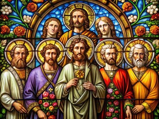 Vibrant stained-glass window depicting haloed saints surrounded by ornate architecture, golden light, and subtle florals, evoking reverence and spirituality.