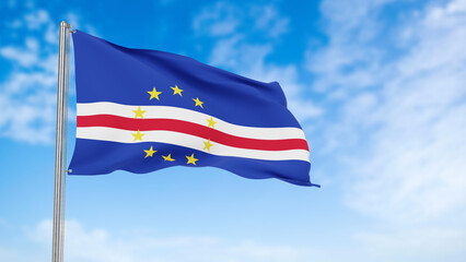 Cabo Verde Islands flag in the blue sky.Cabo Verde Islands 3d flag floating in the wind with a blue sky in the background