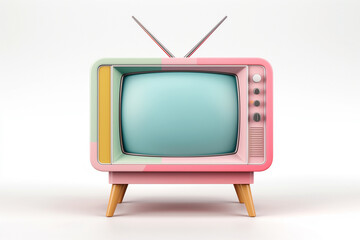 A retro television set with pastel color scheme and wooden legs, evoking nostalgia and charm. This...