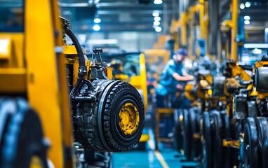 Obraz premium Precision in Motion: Close-up of Skilled Workers Operating Heavy Machinery in Factory, Ultra High Quality Image