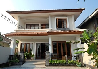 Two Story White House With Brown Roof