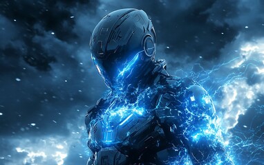 Electric Warrior in High-Tech Breaker Suit Against Stormy Sky Background