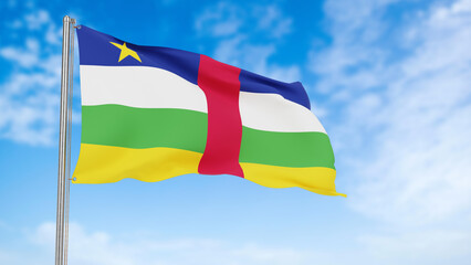 Central African Republic flag in the blue sky.Central African Republic 3d flag floating in the wind with a blue sky in the background