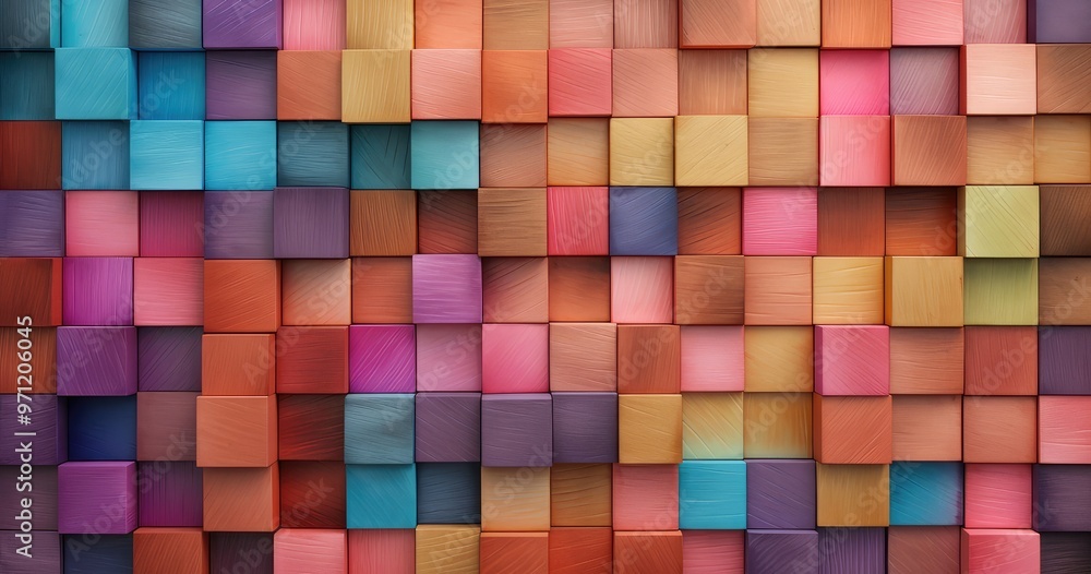 Poster a vibrant arrangement of colorful wooden blocks creating a textured mosaic pattern.