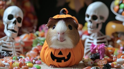 A small brown and white guinea pig is wearing a pumpkin costume