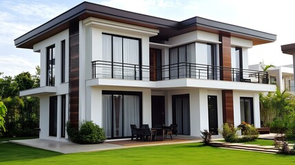 Modern White Two Story House with Balcony and Lawn