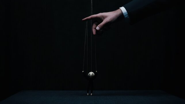 A hand pointing at a puppet on a string