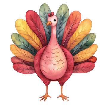 Cute Watercolor Turkey with Colorful Feathers.