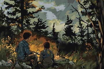 Two Boys Sitting by a Campfire in a Forest