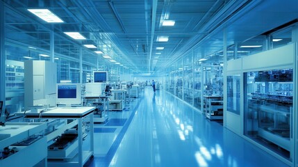 Fototapeta premium A modern laboratory environment featuring sleek equipment and advanced technology in a bright, blue-toned atmosphere.