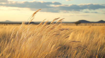 A collection of native grasses swaying in the wind against the vast, open plains of the Outback 