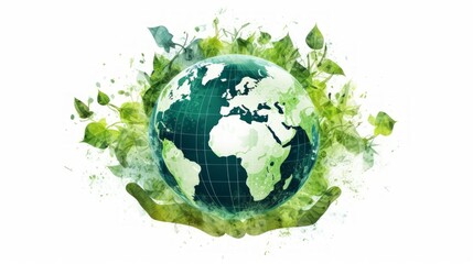 A hand holding the planet Earth, made of green leaves, isolated on a white background