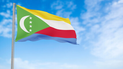 Comoros flag in the blue sky. Comoros 3d flag floating in the wind with a blue sky in the background