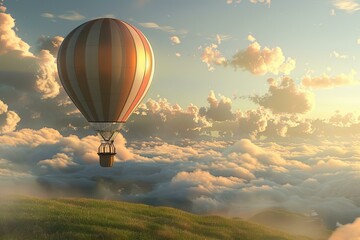 Hot air balloon flying high above a green valley and white clouds during golden hour sunset