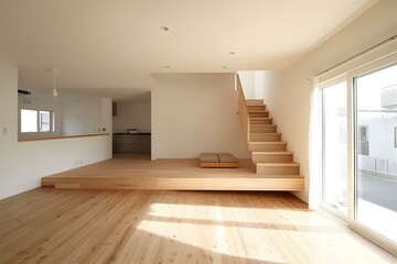 Obraz premium Modern Minimalist Home Interior Design with Wooden Floor and Staircase