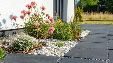 Pink Flowers and White Gravel Bordering a Patio