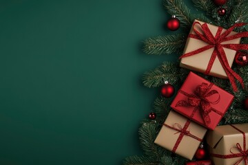 Christmas tree with gift boxes and red baubles on green background. Christmas concept with copy space for text with generative ai