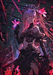 Fototapeta premium Anime Girl in Black Dress with Crown and Flowers