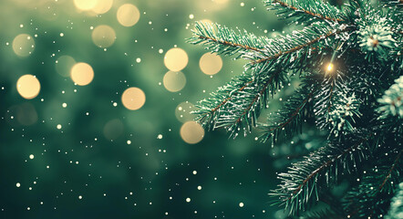 A close-up of leaves and branches on evergreen foliage with a blur in the background