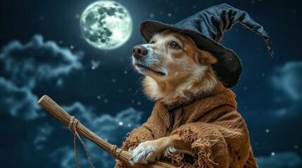 A dog dressed in a wizard costume is riding a broomstick