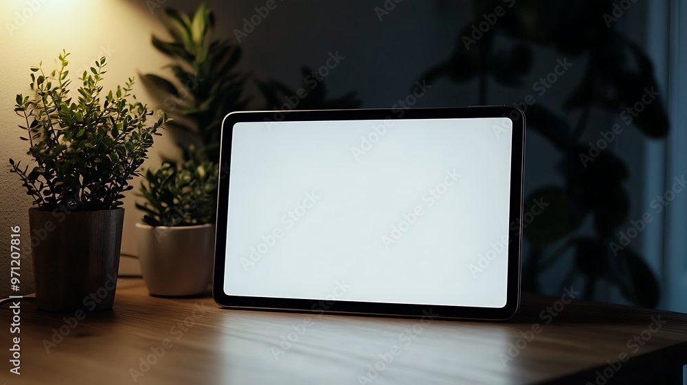 Poster clean and minimalist blank tablet screen mockup on wooden desk with subtle light reflection - design