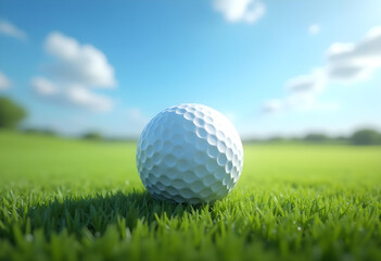 Fototapeta premium Golf Ball on Green Grass with Blue Sky and Fluffy Clouds in Background
