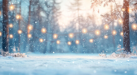 A blurred background of an empty snowy winter scene with hanging lights and snowflakes