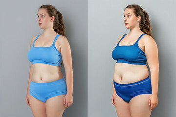 Woman's body before and after weight loss or liposuction on gray background, plastic surgery concept