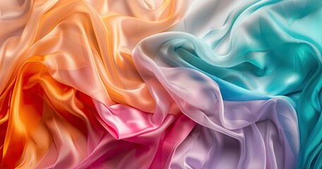 Obraz premium A vibrant arrangement of flowing silk fabric in various pastel colors, showcasing texture and light.
