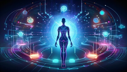 Fototapeta premium Human Figure Surrounded by Floating Holographic Data and Glowing Neural Connections: Smart Healthcare Technology