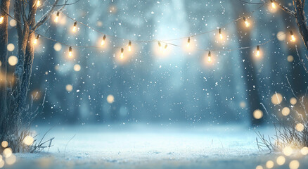 A beautiful blurred background of a winter forest with snow falling and light