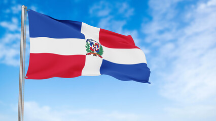 Dominican Republic flag in the blue sky.Dominican Republic 3d flag floating in the wind with a blue sky in the background