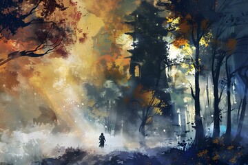 Fototapeta premium Silhouette of a Person Walking Through a Forest in a Digital Painting