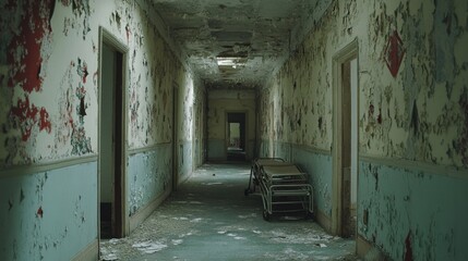 Abandoned asylum corridor with peeling wallpaper, overturned gurneys, and ghostly patients wandering in the distance 