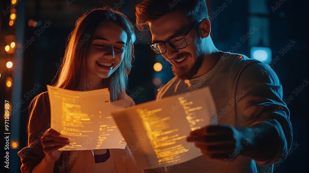 Poster passionate software developers discussing code in yellow light - realistic 8k photo of young tech en