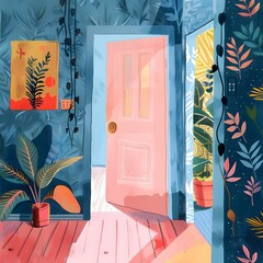 Open Doorway With Plants On Blue Walls