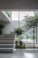 Fototapeta premium Modern Minimalist Interior Design With Concrete Stairs and Indoor Garden