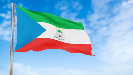 Equatorial Guinea flag in the blue sky.Equatorial Guinea 3d flag floating in the wind with a blue sky in the background