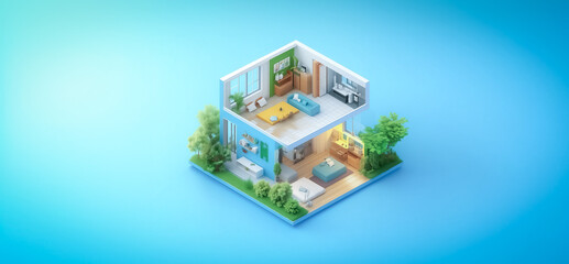 Isometric 3D rendering of a modern eco-friendly house featuring a spacious living room, kitchen, and lush greenery outside. The house incorporates sustainable architectural elements and vibrant interi