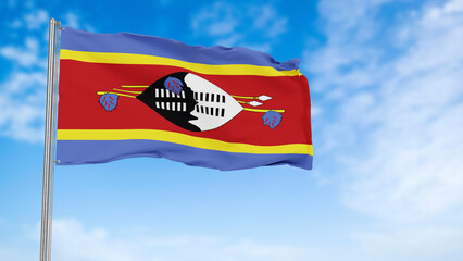 Eswatini flag in the blue sky. Eswatini 3d flag floating in the wind with a blue sky in the background