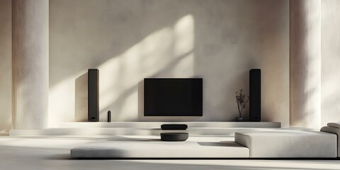 Minimalist Living Room Design with Beige Walls and Black Speakers